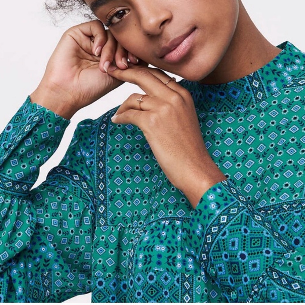 Loft Mock Neck Patchwork Blouse, Size Medium - image 3